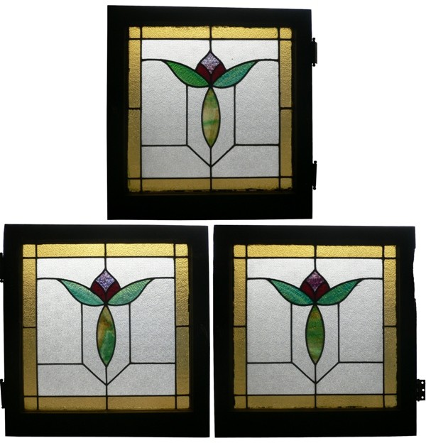 SOLD Amazing Set of Three Matching Antique American Stained Glass Windows-0