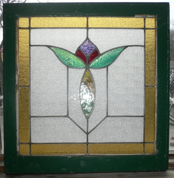 SOLD Amazing Set of Three Matching Antique American Stained Glass Windows-16579