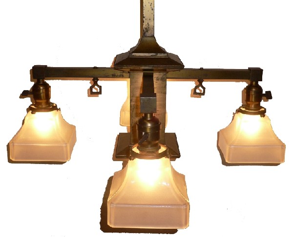 SOLD Handsome Antique Arts & Crafts Brass Four-Light Gas & Electric Chandelier, 19th Century-16627
