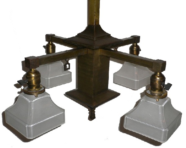 SOLD Handsome Antique Arts & Crafts Brass Four-Light Gas & Electric Chandelier, 19th Century-16628
