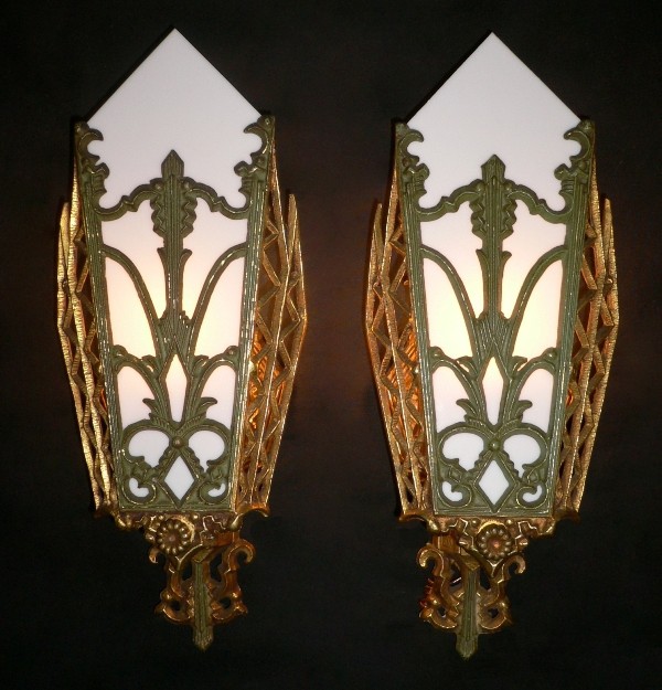 SOLD Amazing Pair of Antique Art Deco Brass Sconces with Green Accents-0