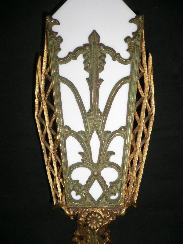 SOLD Amazing Pair of Antique Art Deco Brass Sconces with Green Accents-16718