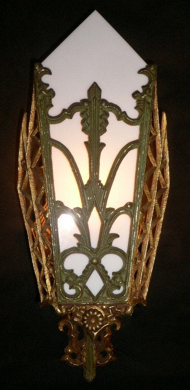 SOLD Amazing Pair of Antique Art Deco Brass Sconces with Green Accents-16719