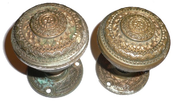 SOLD Three Antique Cast Bronze Door Knob Sets with Matching Rosettes, Aesthetic Movement, 1880’s-0