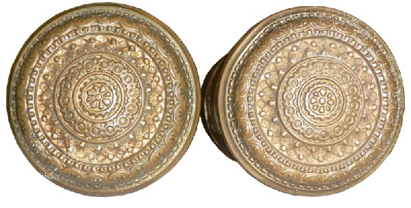 SOLD Three Antique Cast Bronze Door Knob Sets with Matching Rosettes, Aesthetic Movement, 1880’s-16724