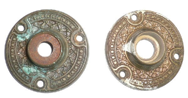 SOLD Three Antique Cast Bronze Door Knob Sets with Matching Rosettes, Aesthetic Movement, 1880’s-16725