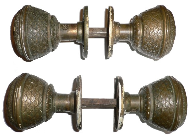 SOLD Three Antique Cast Bronze Door Knob Sets with Matching Rosettes, Aesthetic Movement, 1880’s-16726