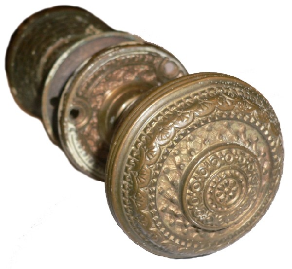 SOLD Three Antique Cast Bronze Door Knob Sets with Matching Rosettes, Aesthetic Movement, 1880’s-16728