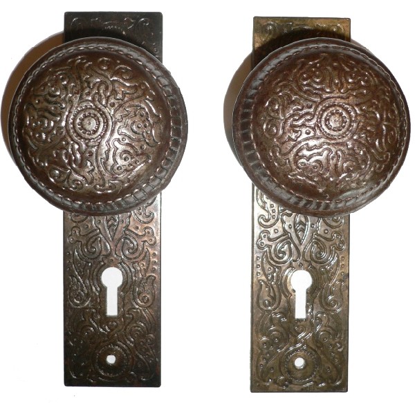 SOLD Antique Cast Iron Door Knob Set with Plates & Mortise Lock, Aesthetic Movement-0