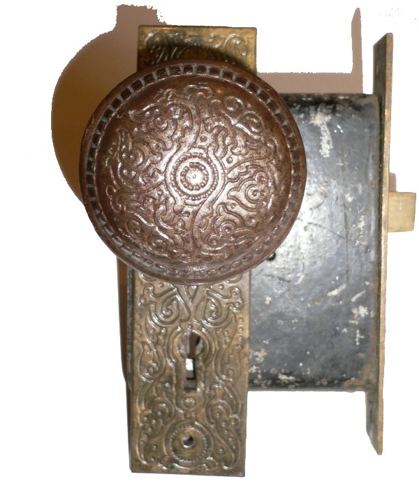 SOLD Antique Cast Iron Door Knob Set with Plates & Mortise Lock, Aesthetic Movement-16736
