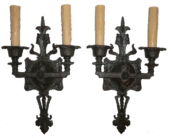 SOLD Handsome Pair of Antique Cast Iron Gothic Revival Double Arm Sconces, c. 1910-0