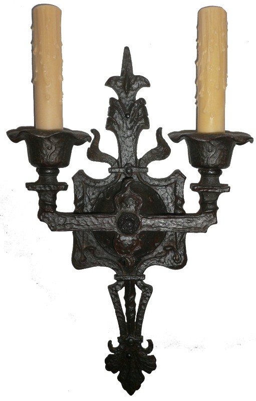 SOLD Handsome Pair of Antique Cast Iron Gothic Revival Double Arm Sconces, c. 1910-16745