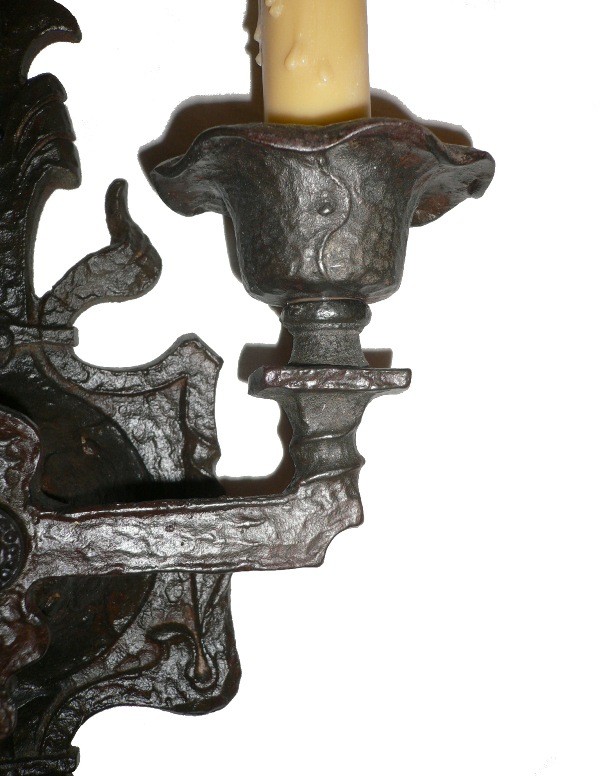 SOLD Handsome Pair of Antique Cast Iron Gothic Revival Double Arm Sconces, c. 1910-16749