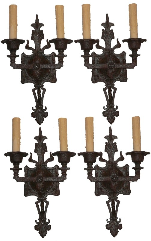 SOLD Imposing Set of Four Matching Antique Cast Iron Gothic Revival Double Arm Sconces, c. 1910-0