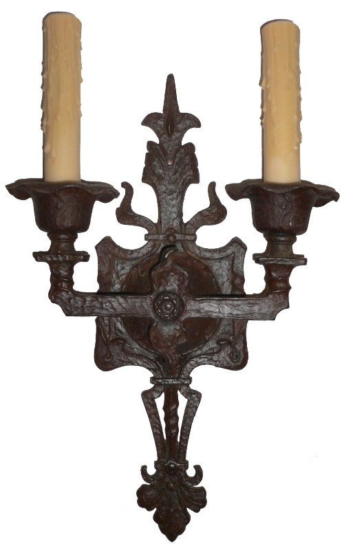 SOLD Imposing Set of Four Matching Antique Cast Iron Gothic Revival Double Arm Sconces, c. 1910-16753