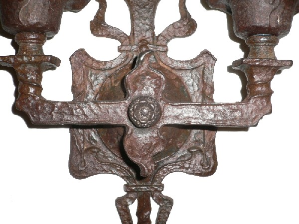SOLD Imposing Set of Four Matching Antique Cast Iron Gothic Revival Double Arm Sconces, c. 1910-16754