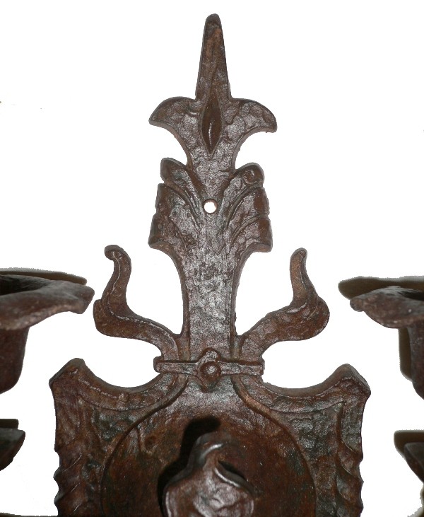 SOLD Imposing Set of Four Matching Antique Cast Iron Gothic Revival Double Arm Sconces, c. 1910-16755