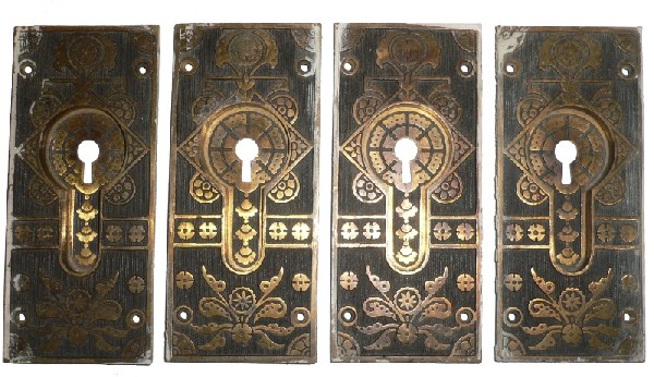 SOLD Set of Four Matching Antique Cast Bronze Pocket Door Plates, Aesthetic Movement-0