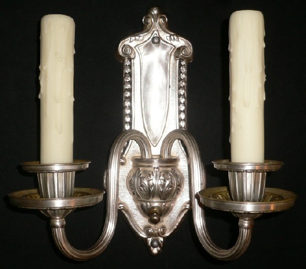 SOLD Fabulous Set of Four Antique Neoclassical Double-Arm Sconces, Silver Plated-16791