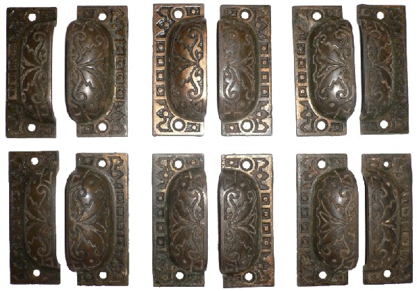 SOLD Set of Six Matching Antique Cast Iron Bin Pulls, Aesthetic Movement, 1880’s-0