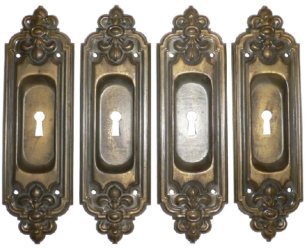 SOLD Four Matching Antique Pocket Door Plates, Fleur de Lis, "LeRoy" by Russell & Erwin, c. 1910-0