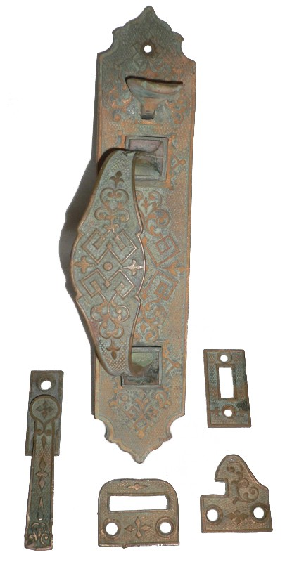 SOLD Fabulous Antique Cast Bronze Door Pull Set with Thumb Latch, Aesthetic Movement, 1880’s-0