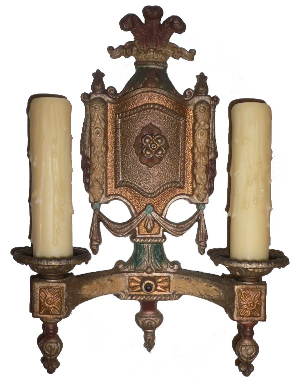 SOLD Intriguing Pair of Antique Cast Iron Neoclassical Double-Arm Sconces, Original Polychrome Finish-16852
