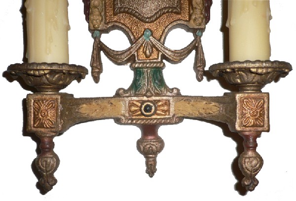 SOLD Intriguing Pair of Antique Cast Iron Neoclassical Double-Arm Sconces, Original Polychrome Finish-16856