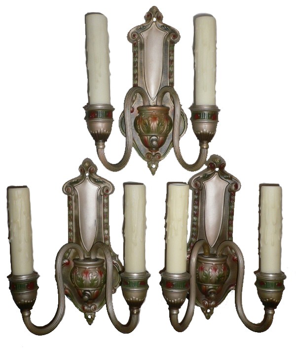 SOLD Three Antique Brass Neoclassical Double-Arm Sconces, Original Polychrome Finish-0