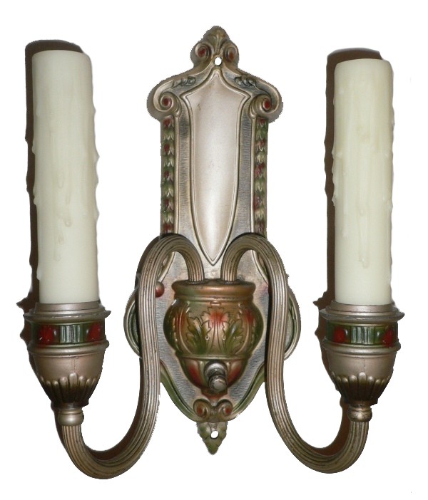 SOLD Three Antique Brass Neoclassical Double-Arm Sconces, Original Polychrome Finish-16878