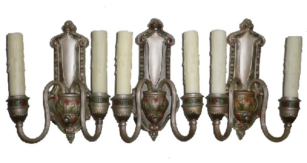 SOLD Three Antique Brass Neoclassical Double-Arm Sconces, Original Polychrome Finish-16882
