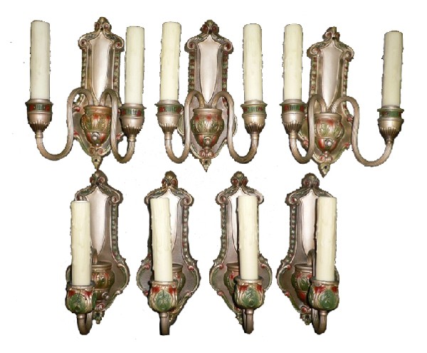 SOLD Three Antique Brass Neoclassical Double-Arm Sconces, Original Polychrome Finish-16883