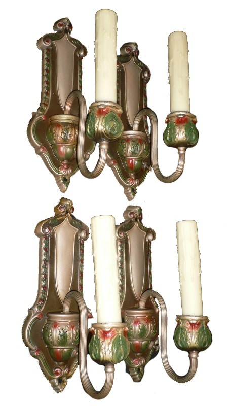 Four Matching Antique Brass Neoclassical Single-Arm Sconces, Original Polychrome Finish-0