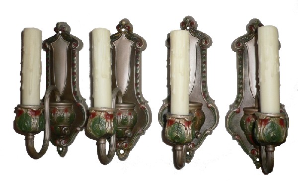 Four Matching Antique Brass Neoclassical Single-Arm Sconces, Original Polychrome Finish-16889
