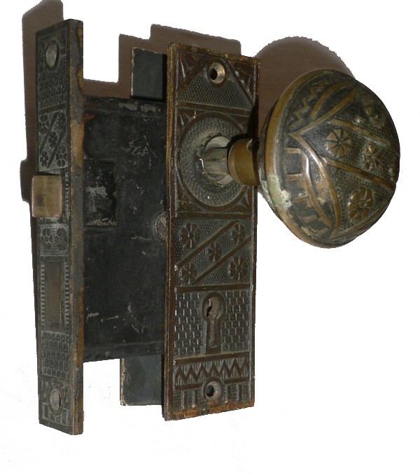 SOLD Incredible Set of Four Antique Brass Door Knob Sets with Matching Plates & Mortise Lock, Aesthetic Movement-16913
