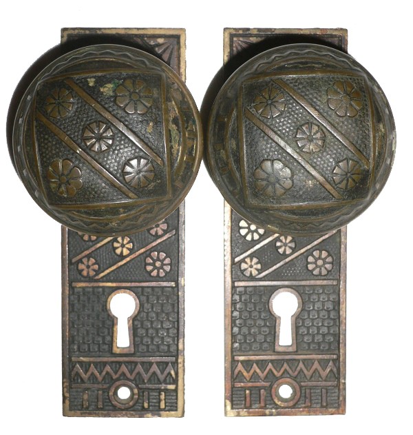 SOLD Incredible Set of Four Antique Brass Door Knob Sets with Matching Plates & Mortise Lock, Aesthetic Movement-16914