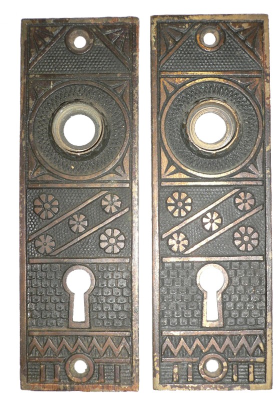 SOLD Incredible Set of Four Antique Brass Door Knob Sets with Matching Plates & Mortise Lock, Aesthetic Movement-16915