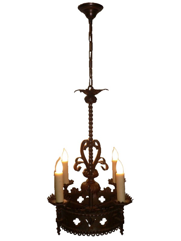 SOLD Magnificent Antique Hand-Riveted Iron Gothic Revival Four-Light Gas Chandelier, 19th Century-0