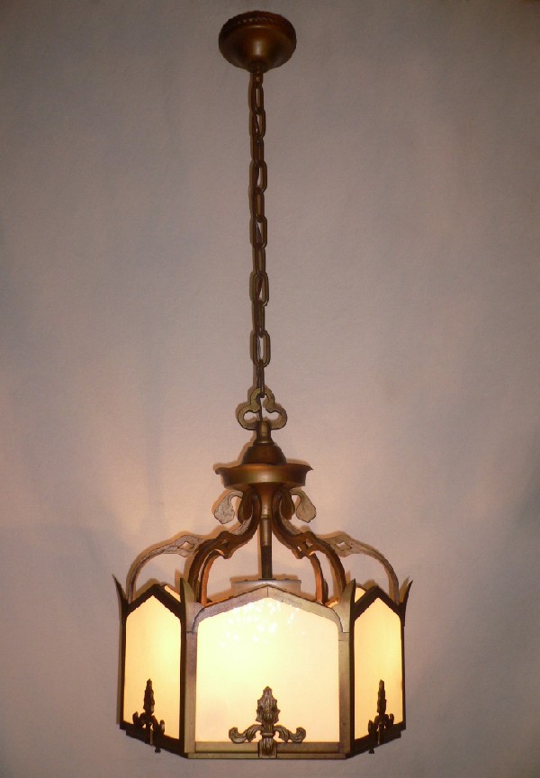 SOLD Splendid Antique Three-Light Gothic Revival Chandelier, Original Milk Glass, c. 1910-0