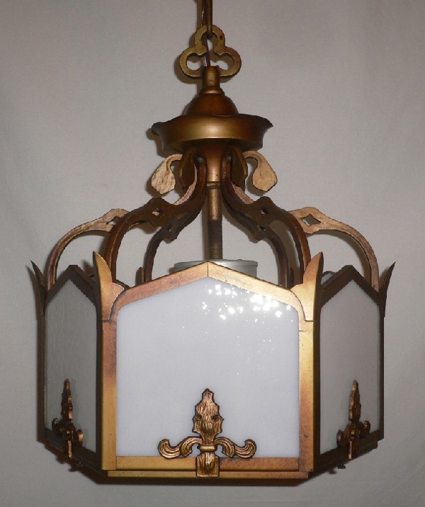 SOLD Splendid Antique Three-Light Gothic Revival Chandelier, Original Milk Glass, c. 1910-16963