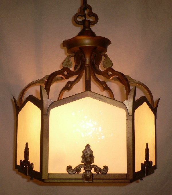 SOLD Splendid Antique Three-Light Gothic Revival Chandelier, Original Milk Glass, c. 1910-16966
