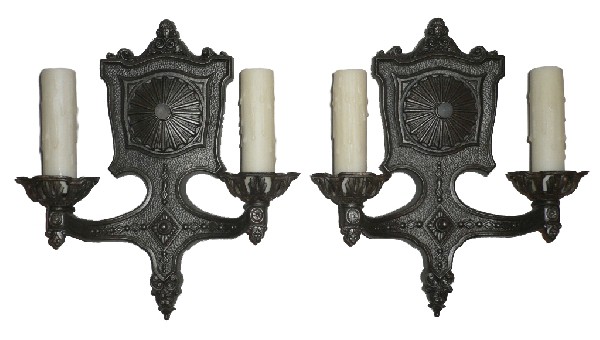 SOLD Wonderful Pair of Antique Cast Iron Double-Arm Sconces, Signed Markel Electric Products-0