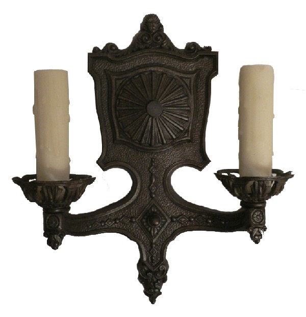SOLD Wonderful Pair of Antique Cast Iron Double-Arm Sconces, Signed Markel Electric Products-16970