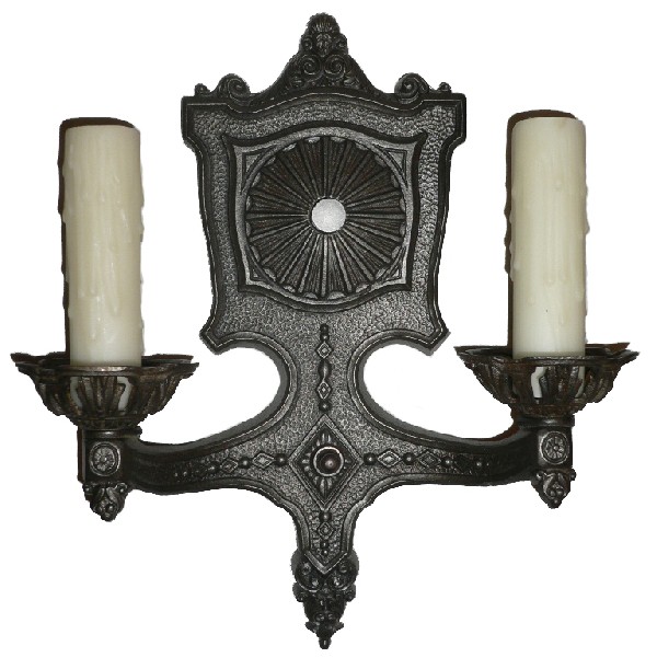 SOLD Wonderful Pair of Antique Cast Iron Double-Arm Sconces, Signed Markel Electric Products-16971