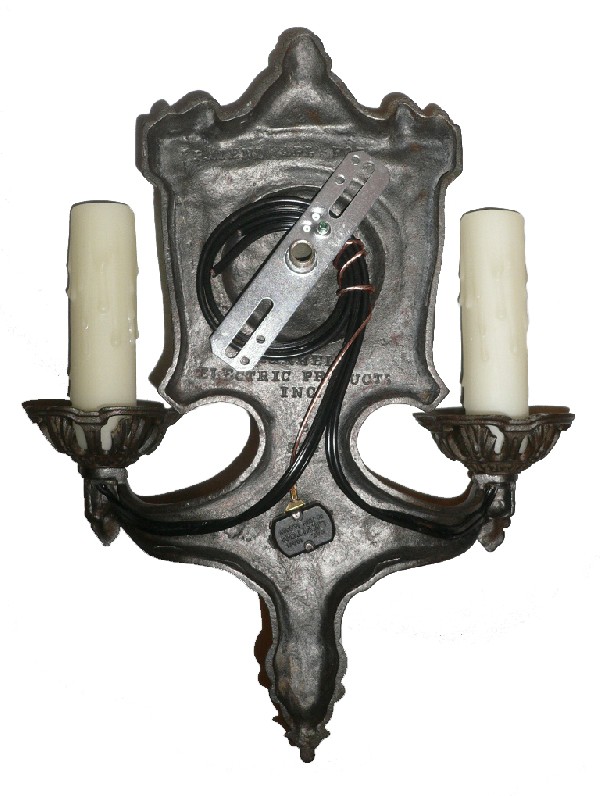 SOLD Wonderful Pair of Antique Cast Iron Double-Arm Sconces, Signed Markel Electric Products-16976