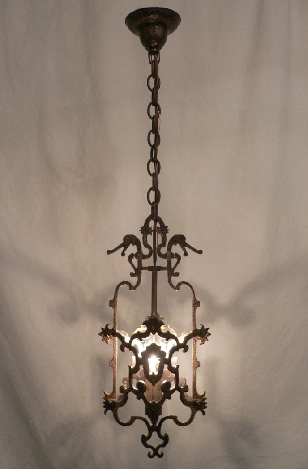 SOLD Amazing Antique Spanish Revival Two-Light Brass Pendant Light-0