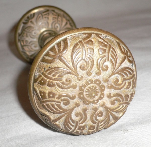SOLD Amazing Antique Cast Bronze Door Knob Set with Stylized Butterfly Design-0