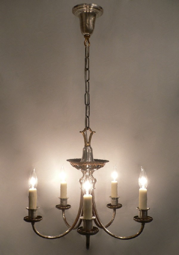 SOLD Beautiful Antique Neoclassical Five-Light Silver Plated Chandelier with Brass Accents, c. 1910-0