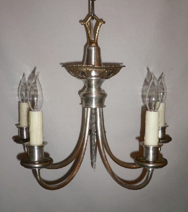 SOLD Beautiful Antique Neoclassical Five-Light Silver Plated Chandelier with Brass Accents, c. 1910-17028