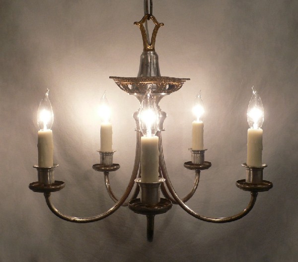 SOLD Beautiful Antique Neoclassical Five-Light Silver Plated Chandelier with Brass Accents, c. 1910-17033